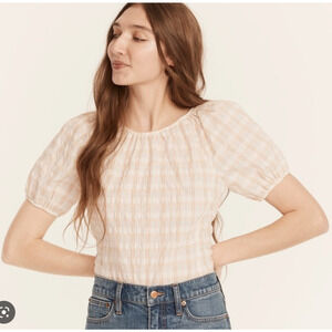 J. Crew Puff Sleeve Top Womens 8 Textured Plaid V Back Recycled Fabric Shirt